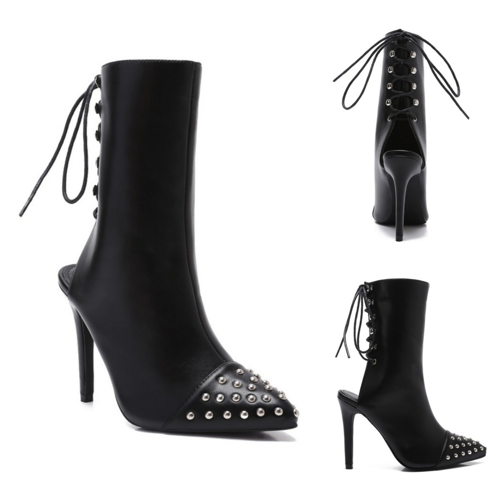 Studded Laced Back Ankle Boots
